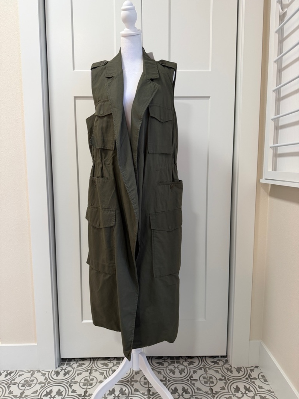 Olive Utility Sleeveless Trench Vest with Pocket Details